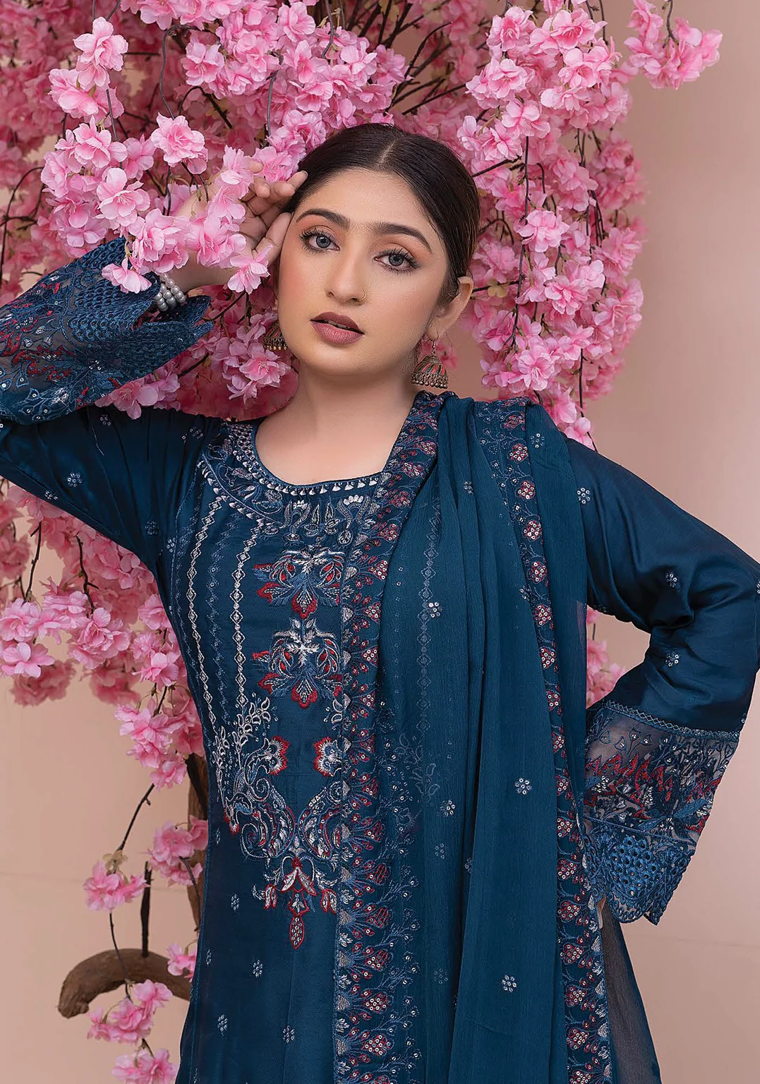 Navy Blue Embroidered 3-Piece Suit - Image 2