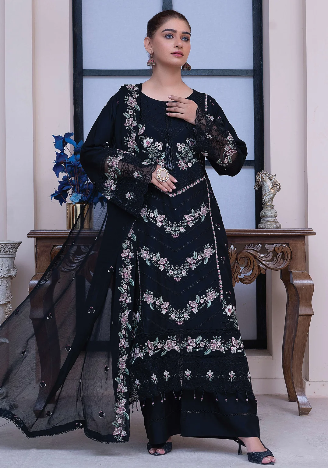 Classic Black Embroidered Chiffon 3-Piece Suit – Women’s Wedding Wear - Image 3