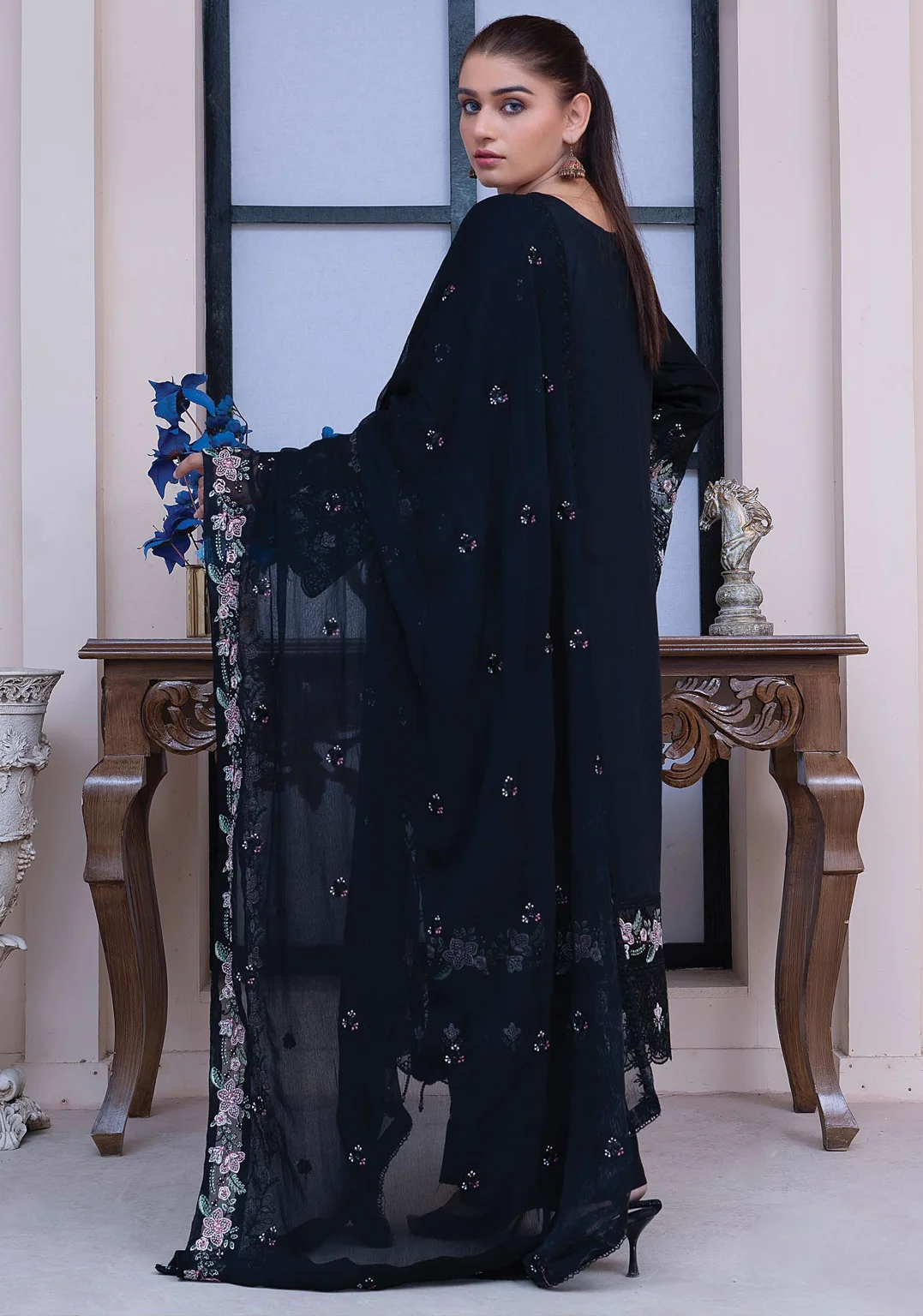 Classic Black Embroidered Chiffon 3-Piece Suit – Women’s Wedding Wear - Image 2