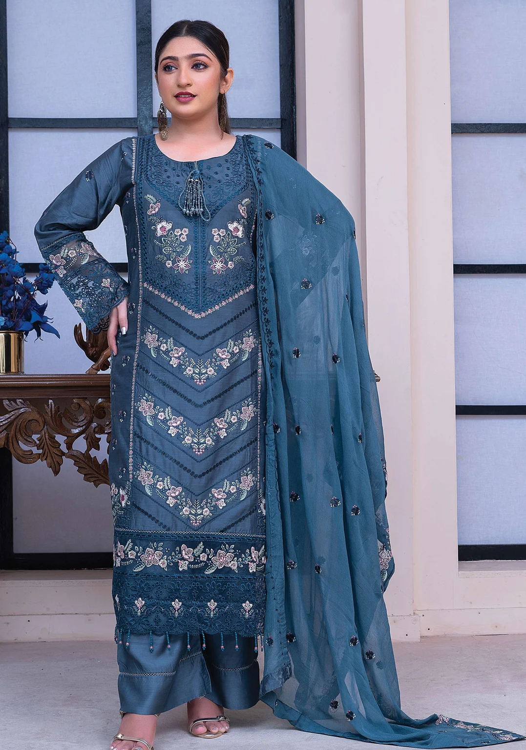 Teal Green Embroidered Chiffon 3-Piece Suit – Women’s Luxury Eid Collection