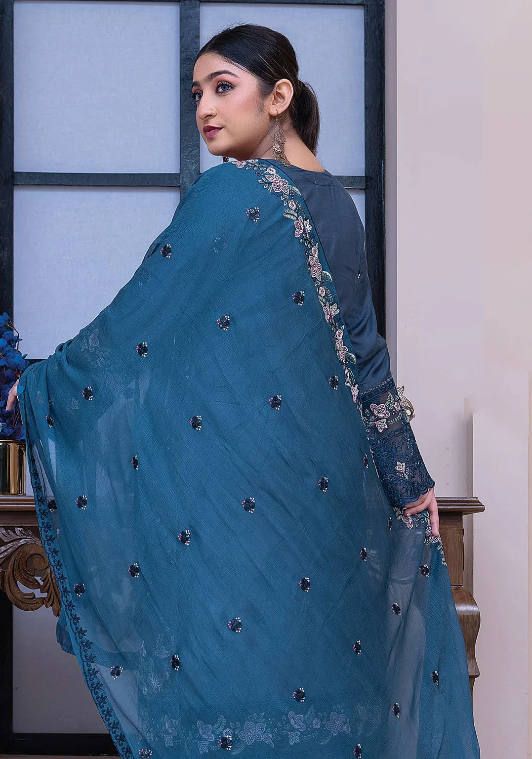 Teal Green Embroidered Chiffon 3-Piece Suit – Women’s Luxury Eid Collection - Image 2