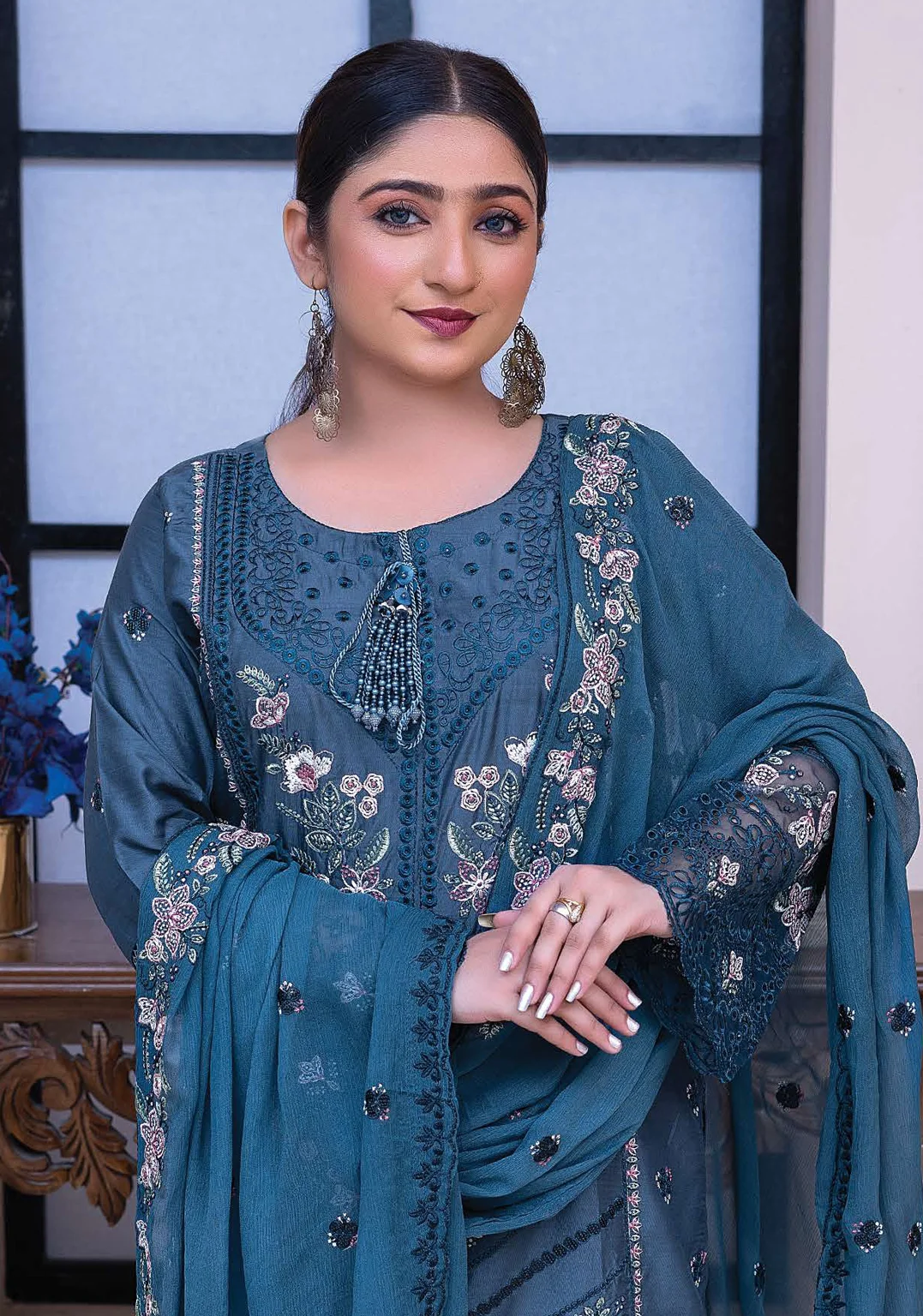 Teal Green Embroidered Chiffon 3-Piece Suit – Women’s Luxury Eid Collection - Image 3