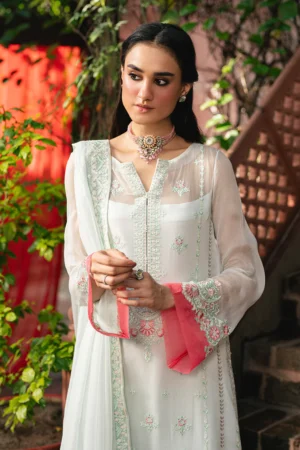 Freesia Gaayathr Premium 3-Piece Embroidered Chiffon Gaya Unstitched Set – Chiffon Shirt, Grip Bottom & Chiffon Dupatta – Elegant Fairest Jade & White Design