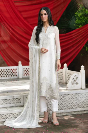 Freesia Gamini Premium 3-Piece Embroidered Chiffon Gaya Unstitched Set – Chiffon Shirt, Grip Bottom & Chiffon Dupatta – Elegant Cloud Dancer & White Design