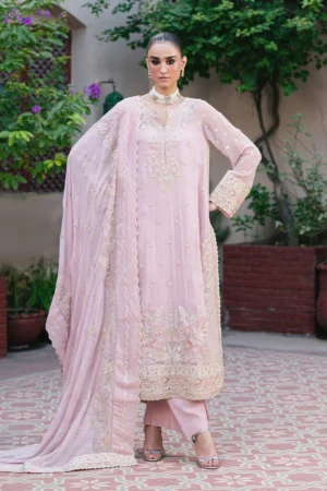 Freesia Gandhali Premium 3-Piece Embroidered Chiffon Gaya Unstitched Set – Chiffon Shirt, Grip Bottom & Chiffon Dupatta – Elegant Silver Peony & Light Pink Design