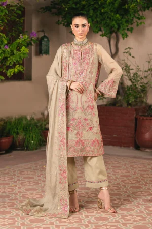 Freesia Gandharika Premium 3-Piece Embroidered Chiffon Gaya Unstitched Set – Chiffon Shirt, Grip Bottom & Chiffon Dupatta – Elegant Taos Taupe & Beige Design