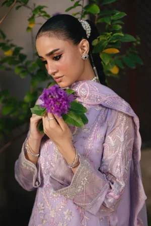 Freesia Gauri Premium 3-Piece Embroidered Chiffon Gaya Unstitched Set – Chiffon Shirt, Grip Bottom & Chiffon Dupatta – Elegant Orchid & Light Purple Design