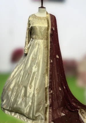 Freesia Luxury Gold Unstitched 3-Piece Suit with Heavy Golden Embroidery & Maroon Dupatta
