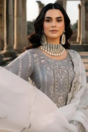 Imrozia Serene I-246 Lalezar Embroidered Pure Bamber Chiffon – Dark Grey