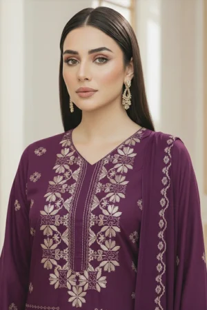 Ayla Zahra Gazal Purple Allover Embroidered Karandi Suit with Chiffon Dupatta – KR-107 | Premium