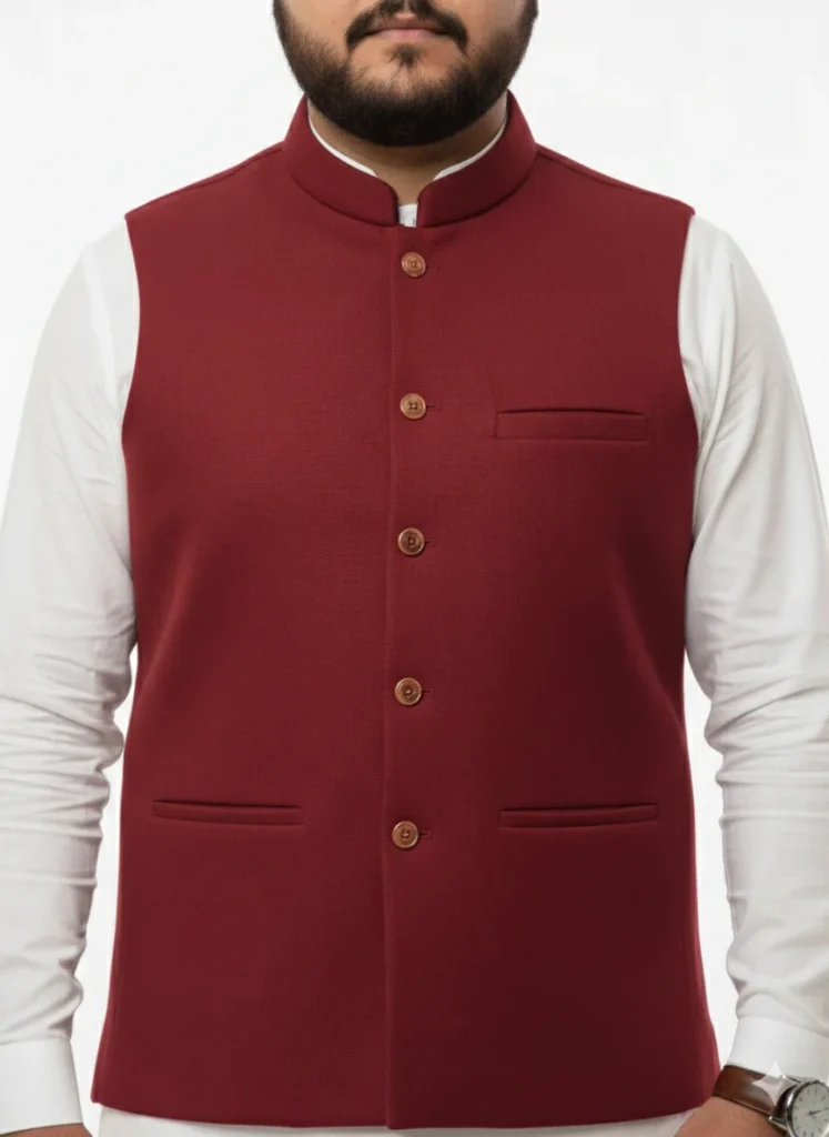 Premium Maroon Men’s Waistcoat | Formal Slim Fit Nehru Jacket for Weddings & Events | High-Quality Tropical Fabric
