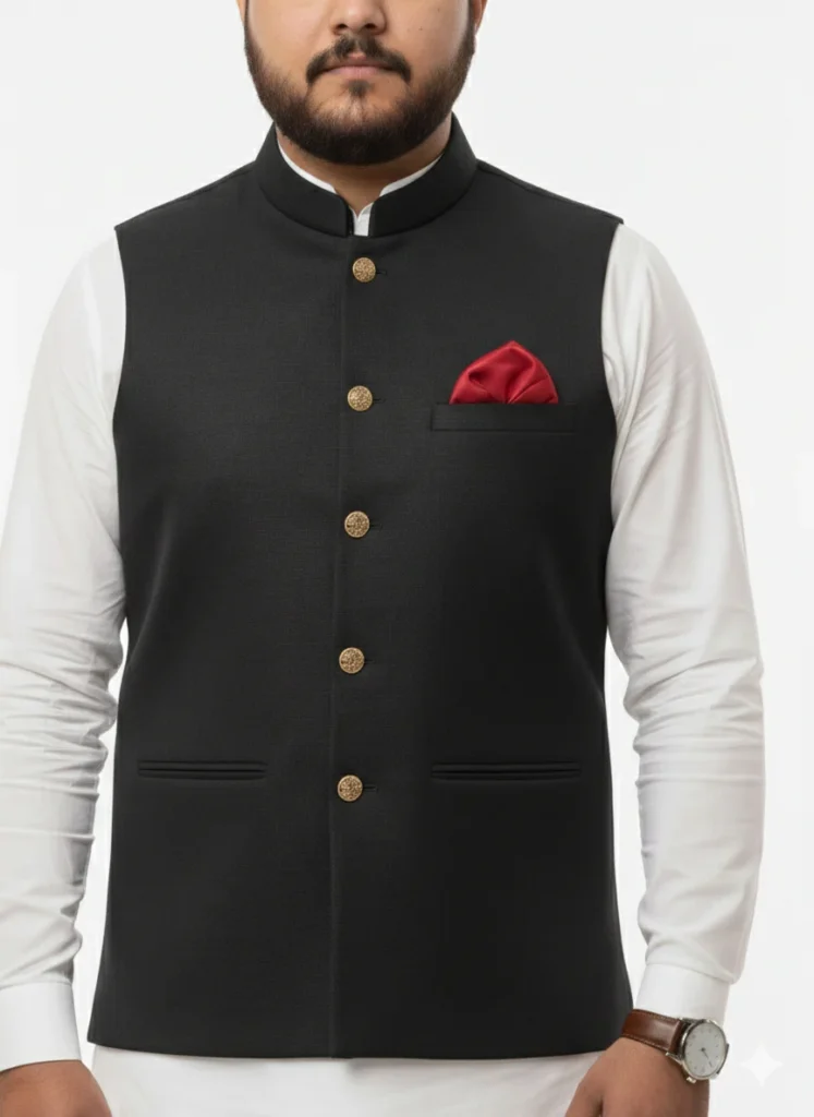 Jet Black Men’s Waistcoat with Antique Gold Buttons | Designer Party Wear Wasket | Slim Fit Black Nehru Jacket