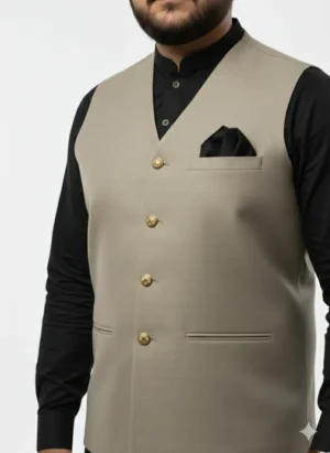 Luxury Beige V-Neck Waistcoat for Men | Khaki Color Premium Wasket with Metal Buttons | Stylish Mehndi/Barat Wear