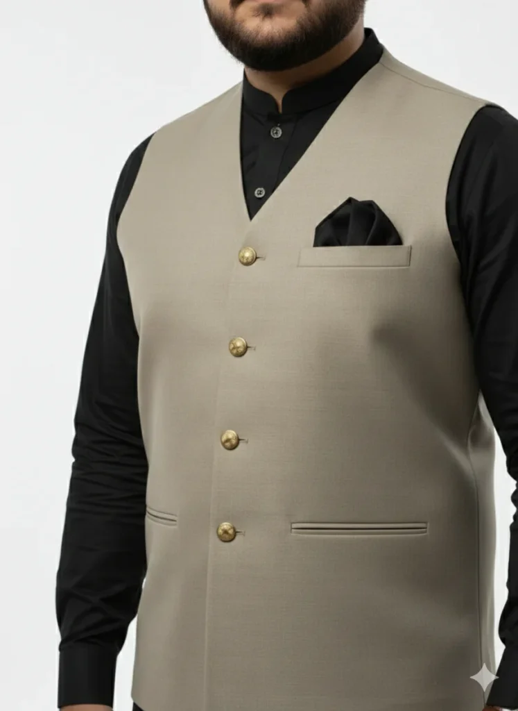 Luxury Beige V-Neck Waistcoat for Men | Khaki Color Premium Wasket with Metal Buttons | Stylish Mehndi/Barat Wear