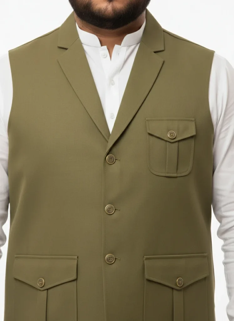 Premium Olive Green Cotton Waistcoat for Men | Safari Style Hunter Vest with Flap Pockets