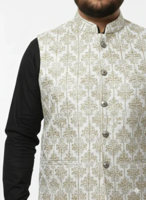 White & Gold Floral Jamawar Waistcoat | Luxury Embroidered Wedding Vest | Men’s Designer Floral Waistcoat for Grooms
