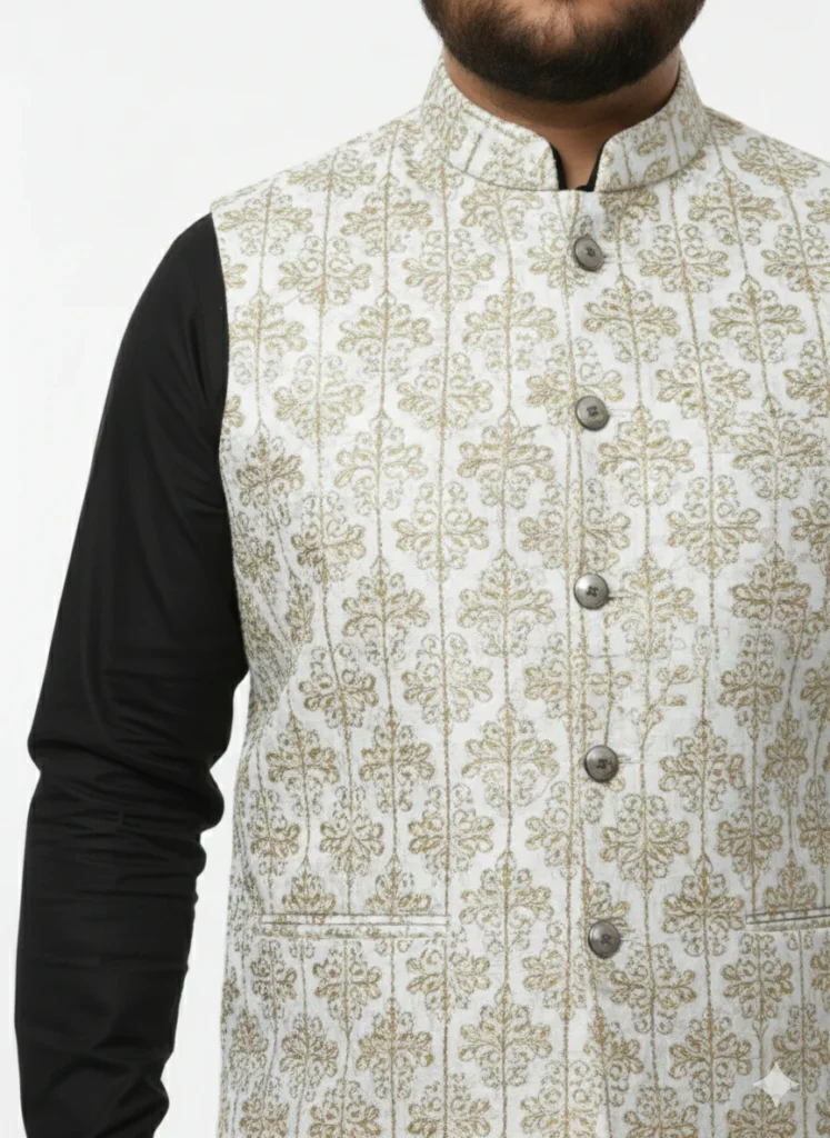 White & Gold Floral Jamawar Waistcoat | Luxury Embroidered Wedding Vest | Men’s Designer Floral Waistcoat for Grooms