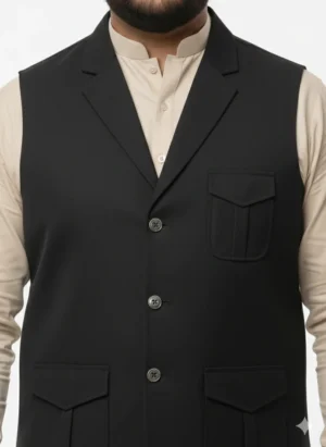 Premium Jet Black Safari Waistcoat for Men | Tactical 3-Pocket Hunter Style Vest | Men’s Black Cotton Waistcoat for Formal & Casual Wear