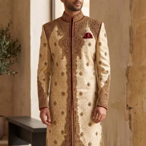 Ivory & Red Embroidered Sherwani