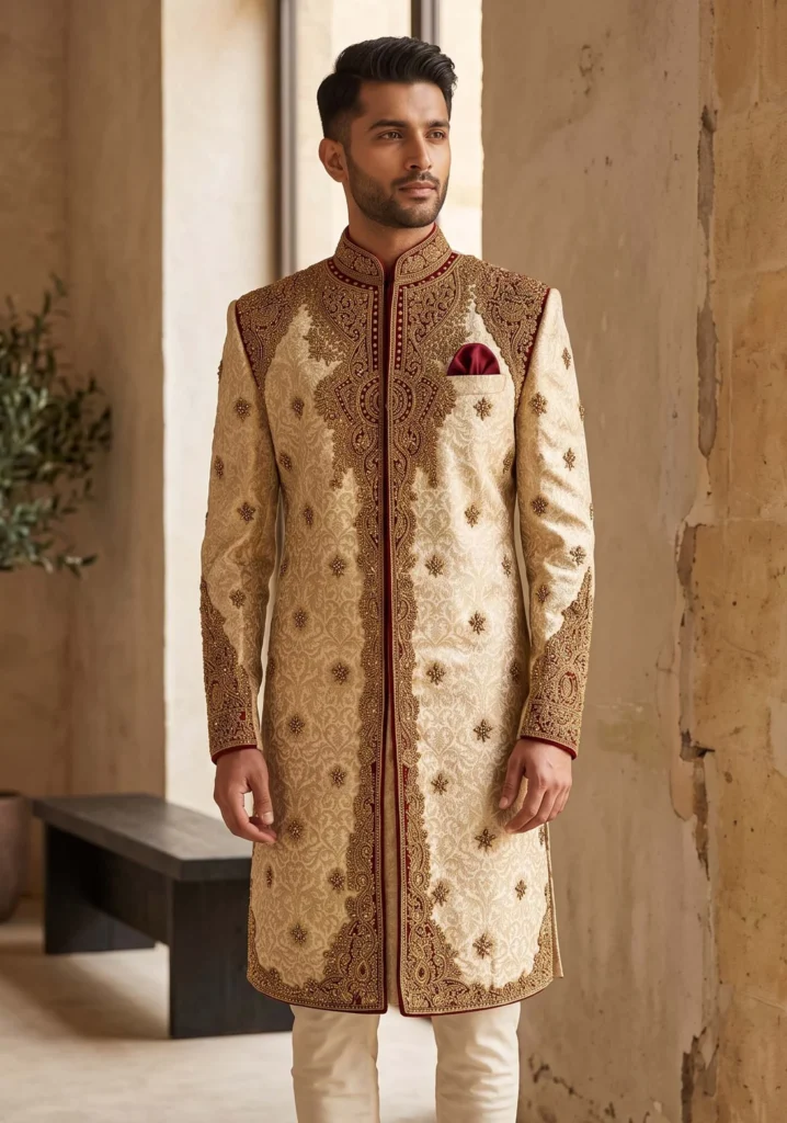 Ivory & Red Embroidered Sherwani