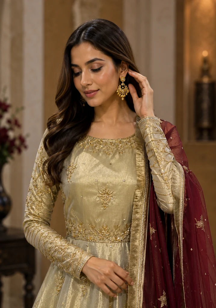 Freesia Luxury Gold Unstitched 3-Piece Suit with Heavy Golden Embroidery & Maroon Dupatta