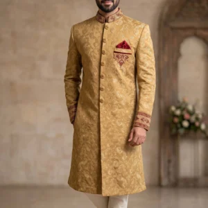 Royal Golden Sherwani with Maroon Detailing