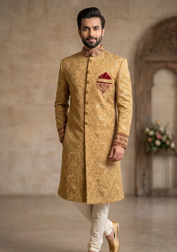 Royal Golden Sherwani with Maroon Detailing