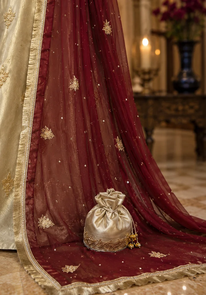 Freesia Luxury Gold Unstitched 3-Piece Suit with Heavy Golden Embroidery & Maroon Dupatta