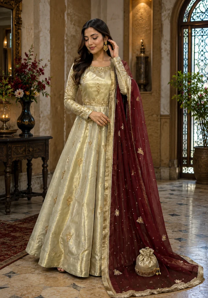 Freesia Luxury Gold Unstitched 3-Piece Suit with Heavy Golden Embroidery & Maroon Dupatta