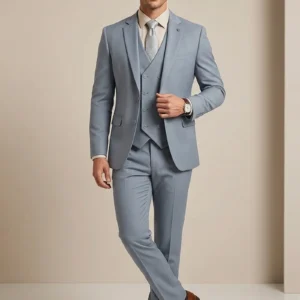Model wearing the "Sterling Sovereign" Light Gray three-piece suit, showcasing premium tailoring and formal style in 4_2.webp, Untitled-6_2.webp, and Untitled9_2.webp