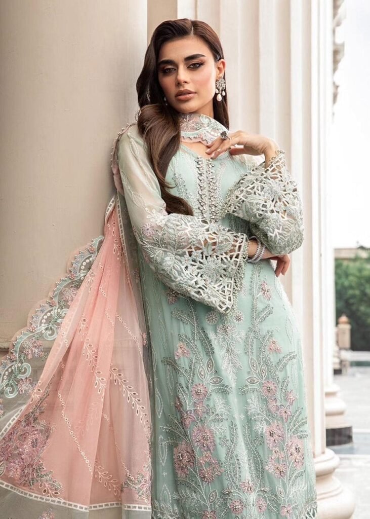 Maria B Luxury Chiffon Collection D4 – 4-Piece Unstitched Embroidered Suit (Mint Green)