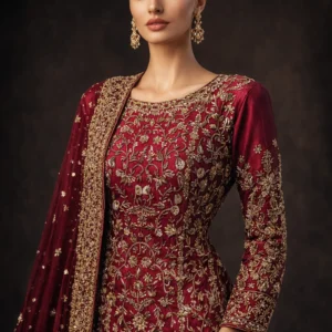 A model wearing the "Royal Crimson Heirloom" hand-made Zari Farshi Lehnga featuring intricate surface ornamentation as seen in 45.jpg, 46.jpg, 47.jpg, and 49.jpg.