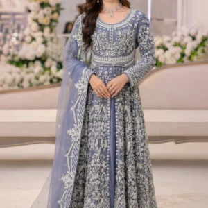 Model wearing an Ethereal Grey Heritage Farshi Lehnga set with intricate hand-made Zari and bead detailing