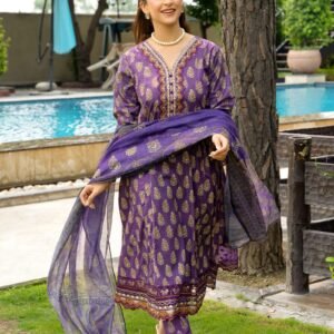Royal Purple Traditional Printed Lawn Suit – 3 Piece Unstitched