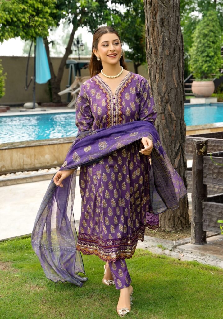 Royal Purple Traditional Printed Lawn Suit – 3 Piece Unstitched