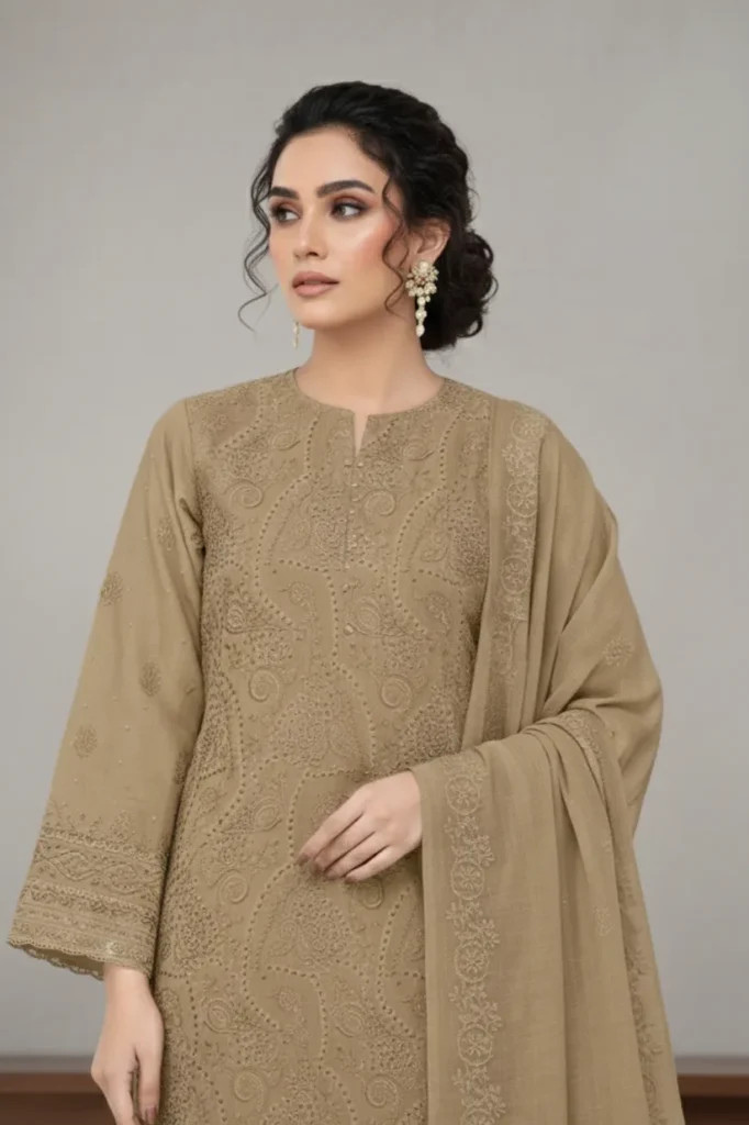 Ayla Zahra Beige Allover Embroidered Karandi Suit with Bember Embroidered Dupatta – Article D-10