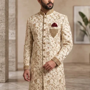Ivory & Antique Gold Embroidered Sherwani