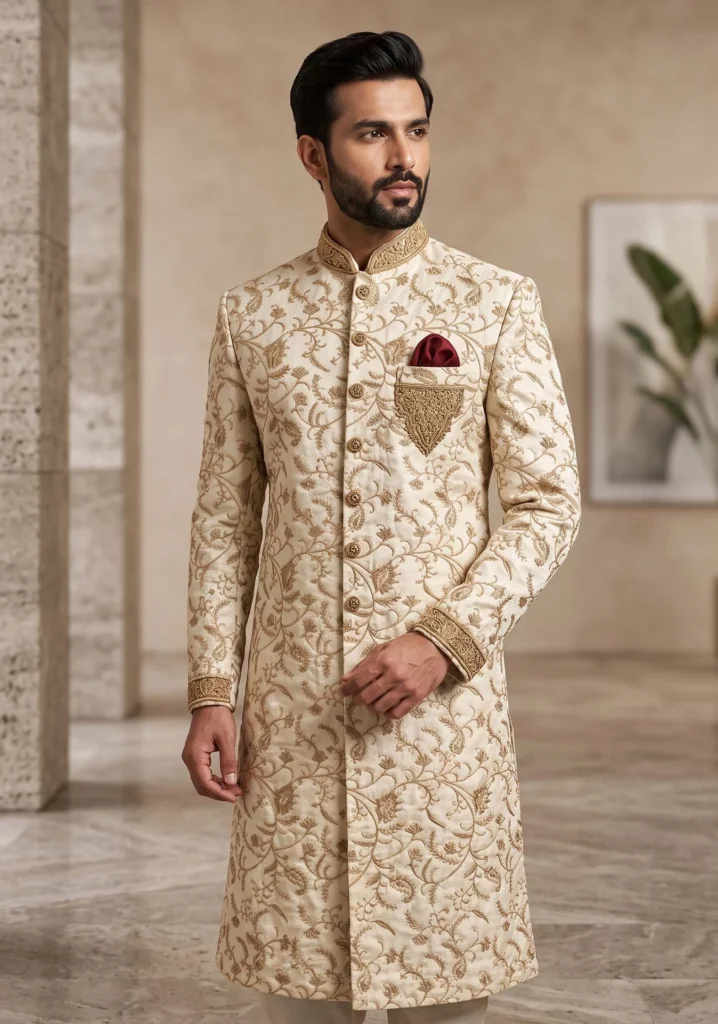 Ivory & Antique Gold Embroidered Sherwani