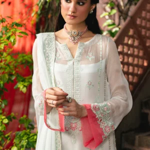 Freesia Gaayathr Premium 3-Piece Embroidered Chiffon Gaya Unstitched Set – Chiffon Shirt, Grip Bottom & Chiffon Dupatta – Elegant Fairest Jade & White Design