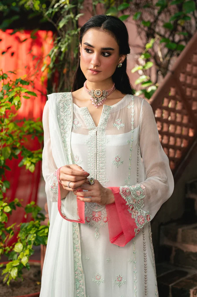 Freesia Gaayathr Premium 3-Piece Embroidered Chiffon Gaya Unstitched Set – Chiffon Shirt, Grip Bottom & Chiffon Dupatta – Elegant Fairest Jade & White Design