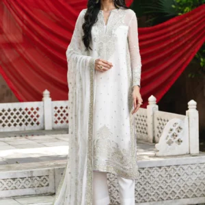 Freesia Gamini Premium 3-Piece Embroidered Chiffon Gaya Unstitched Set – Chiffon Shirt, Grip Bottom & Chiffon Dupatta – Elegant Cloud Dancer & White Design
