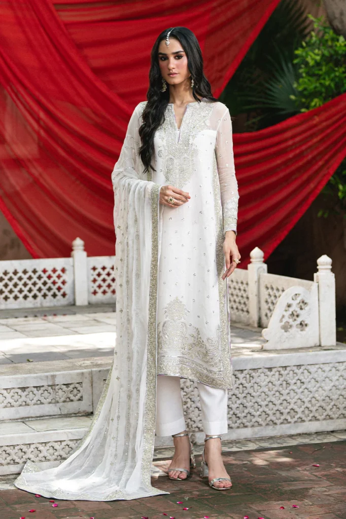 Freesia Gamini Premium 3-Piece Embroidered Chiffon Gaya Unstitched Set – Chiffon Shirt, Grip Bottom & Chiffon Dupatta – Elegant Cloud Dancer & White Design