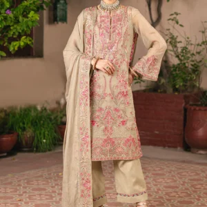 Freesia Gandharika Premium 3-Piece Embroidered Chiffon Gaya Unstitched Set – Chiffon Shirt, Grip Bottom & Chiffon Dupatta – Elegant Taos Taupe & Beige Design