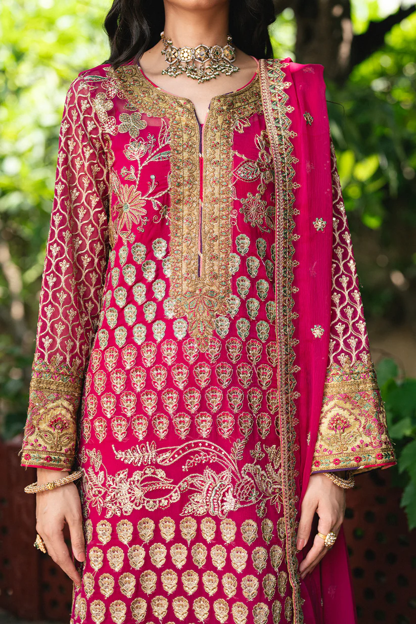 Freesia Amal Luxury Magenta Unstitched 3-Piece Suit with Heavy Golden Embroidery & Dupatta - Image 5