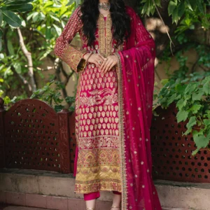 Freesia Amal Luxury Magenta Unstitched 3-Piece Suit with Heavy Golden Embroidery & Dupatta