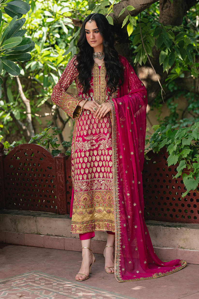 Freesia Amal Luxury Magenta Unstitched 3-Piece Suit with Heavy Golden Embroidery & Dupatta