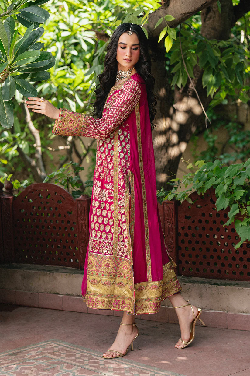 Freesia Amal Luxury Magenta Unstitched 3-Piece Suit with Heavy Golden Embroidery & Dupatta - Image 3