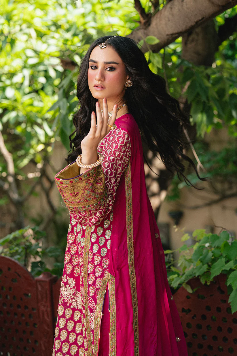 Freesia Amal Luxury Magenta Unstitched 3-Piece Suit with Heavy Golden Embroidery & Dupatta - Image 4