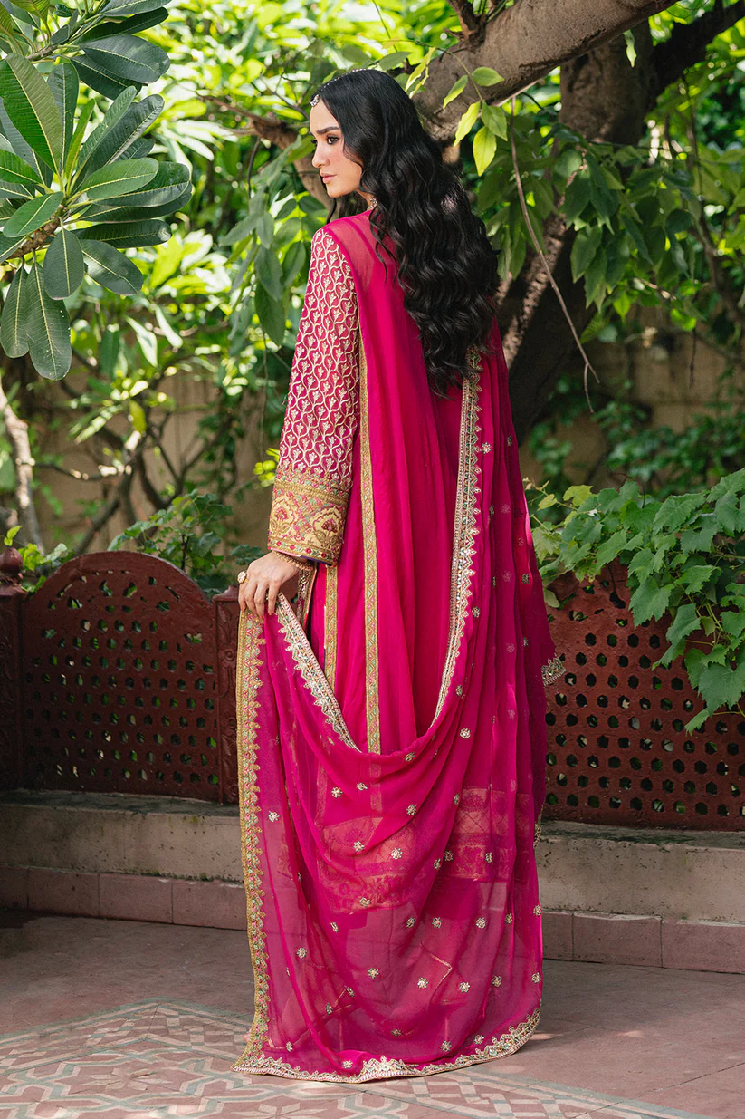 Freesia Amal Luxury Magenta Unstitched 3-Piece Suit with Heavy Golden Embroidery & Dupatta - Image 2