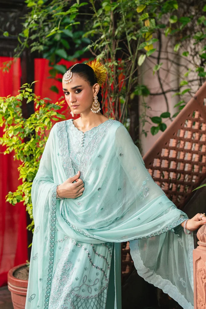 Freesia Luxury Mint Green Unstitched 3-Piece Suit with Silver Embroidery & Dupatta